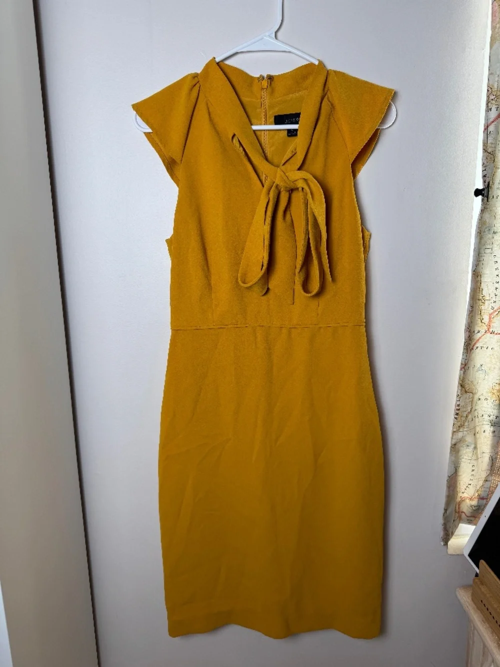 J. Crew golden mustard yellow sheath dress with tie-neck & cap sleeves. Size 0.